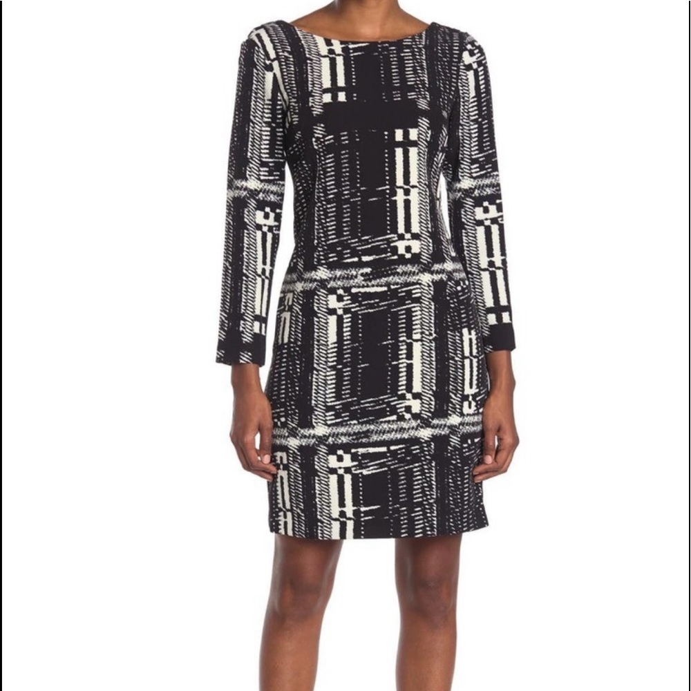 Trina Turk Wade Sheath Dress 10 Boat Neck Long Sleeve V-Back Black White